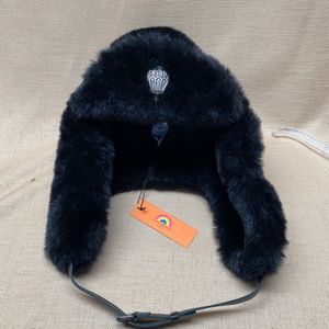 NWT Kurt Geiger Faux Fur London New Ear Flap Hat with Crystal Bird Emblem